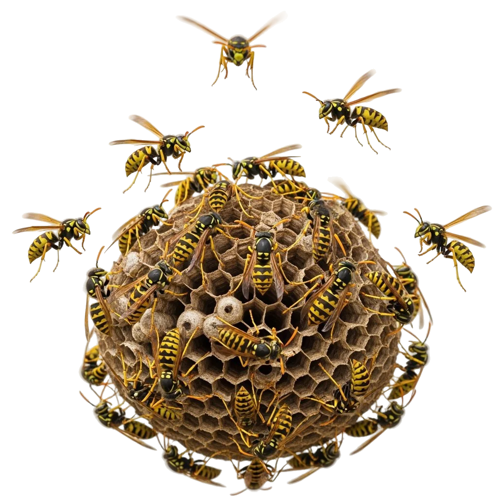 Avispero activo con avispas en vuelo y sobre el nido, mostrando la estructura hexagonal del panal