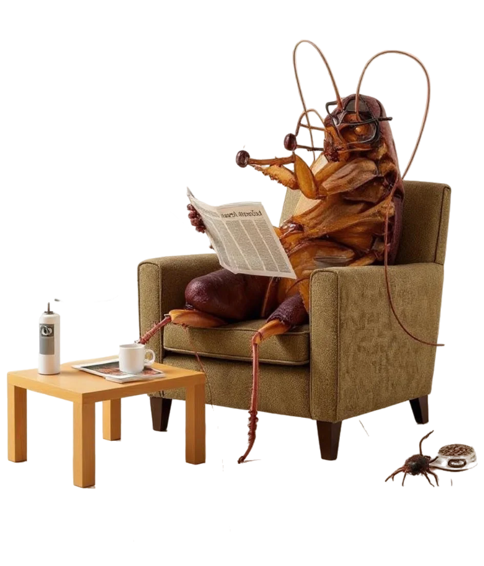 Cucaracha sentado en sillon con un periodico en las manos